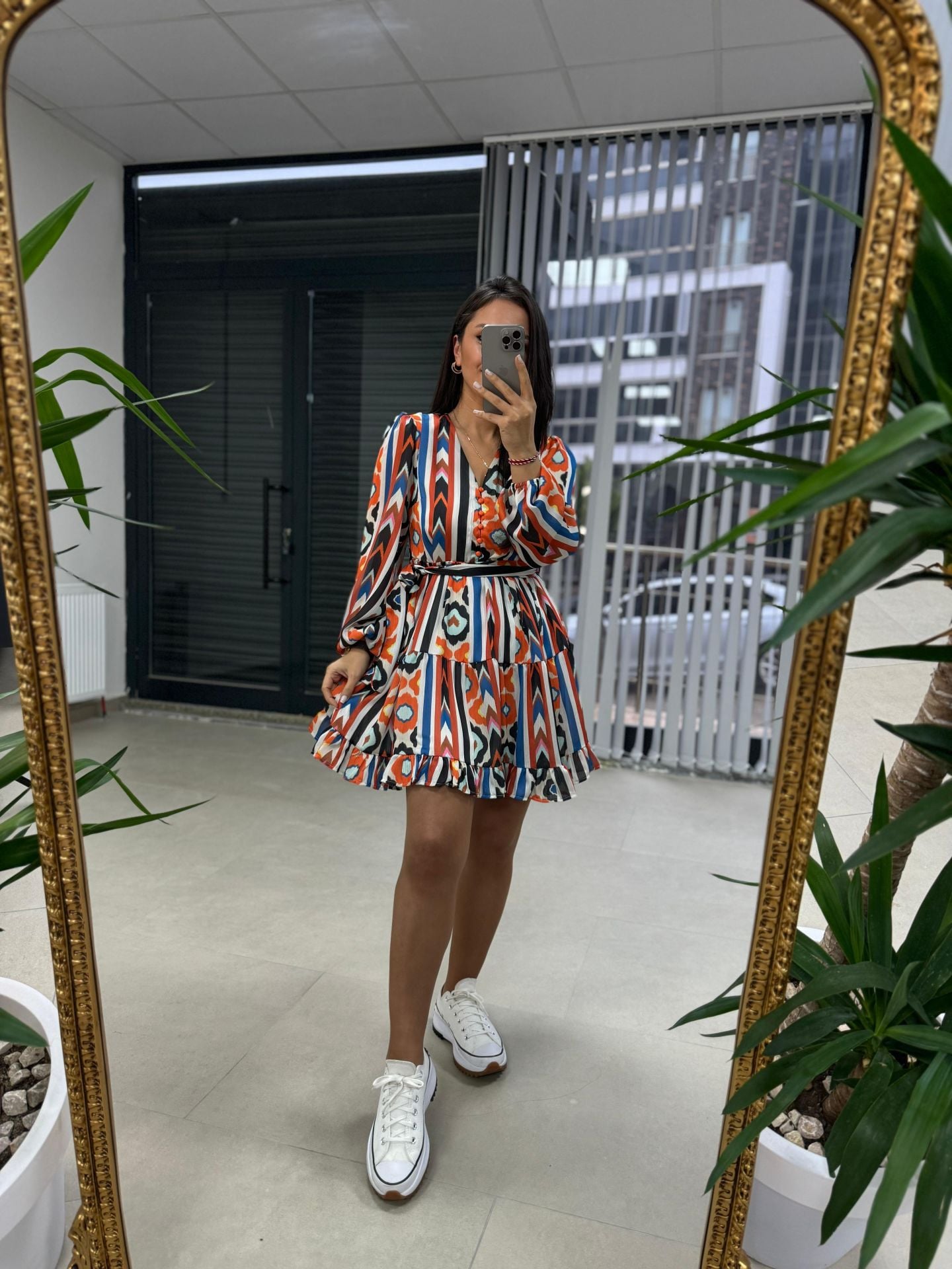 Ays Turuncu Düğmeli Şifon Elbise