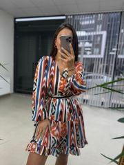 Ays Turuncu Düğmeli Şifon Elbise