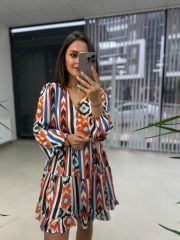 Ays Turuncu Düğmeli Şifon Elbise