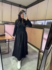 Dr 8216 Tasarım Dik Yaka Maxsiboy Siyah Elbise