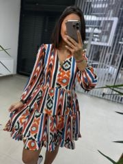 Ays Turuncu Düğmeli Şifon Elbise