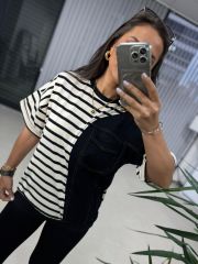 Dr 2574  Krem Çizgili Denim Detaylı Sweat