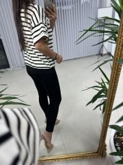 Dr 2574  Krem Çizgili Denim Detaylı Sweat