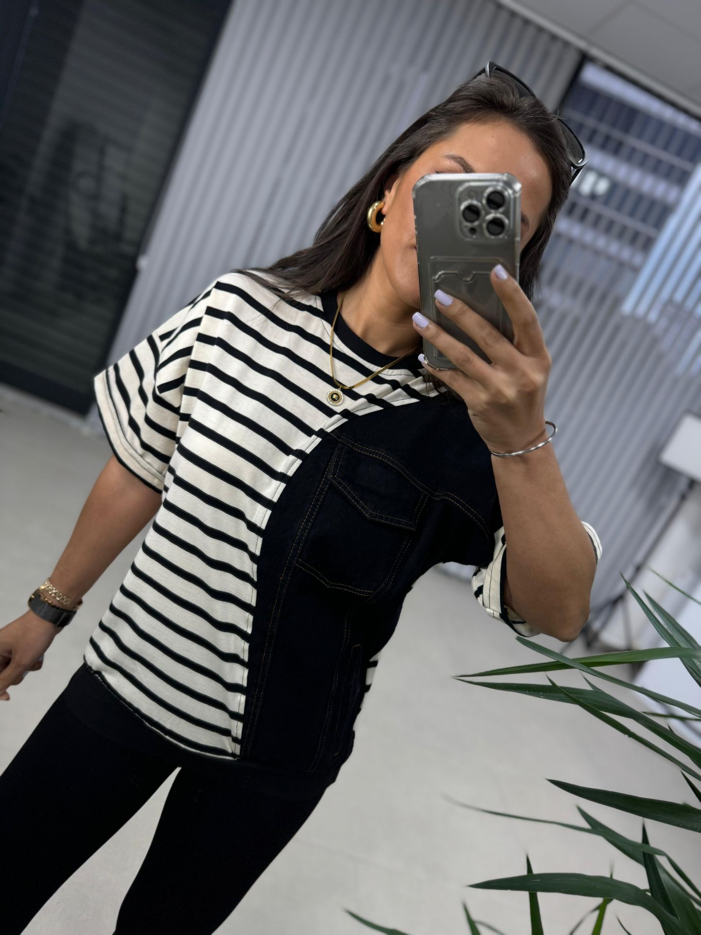 Dr 2574  Krem Çizgili Denim Detaylı Sweat