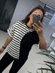 Dr 2574  Krem Çizgili Denim Detaylı Sweat