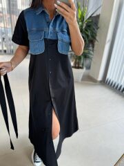 Dr 8268 Denim Cep Detaylı Siyah Poplin Gömlek Elbise