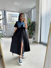 Dr 8268 Denim Cep Detaylı Siyah Poplin Gömlek Elbise