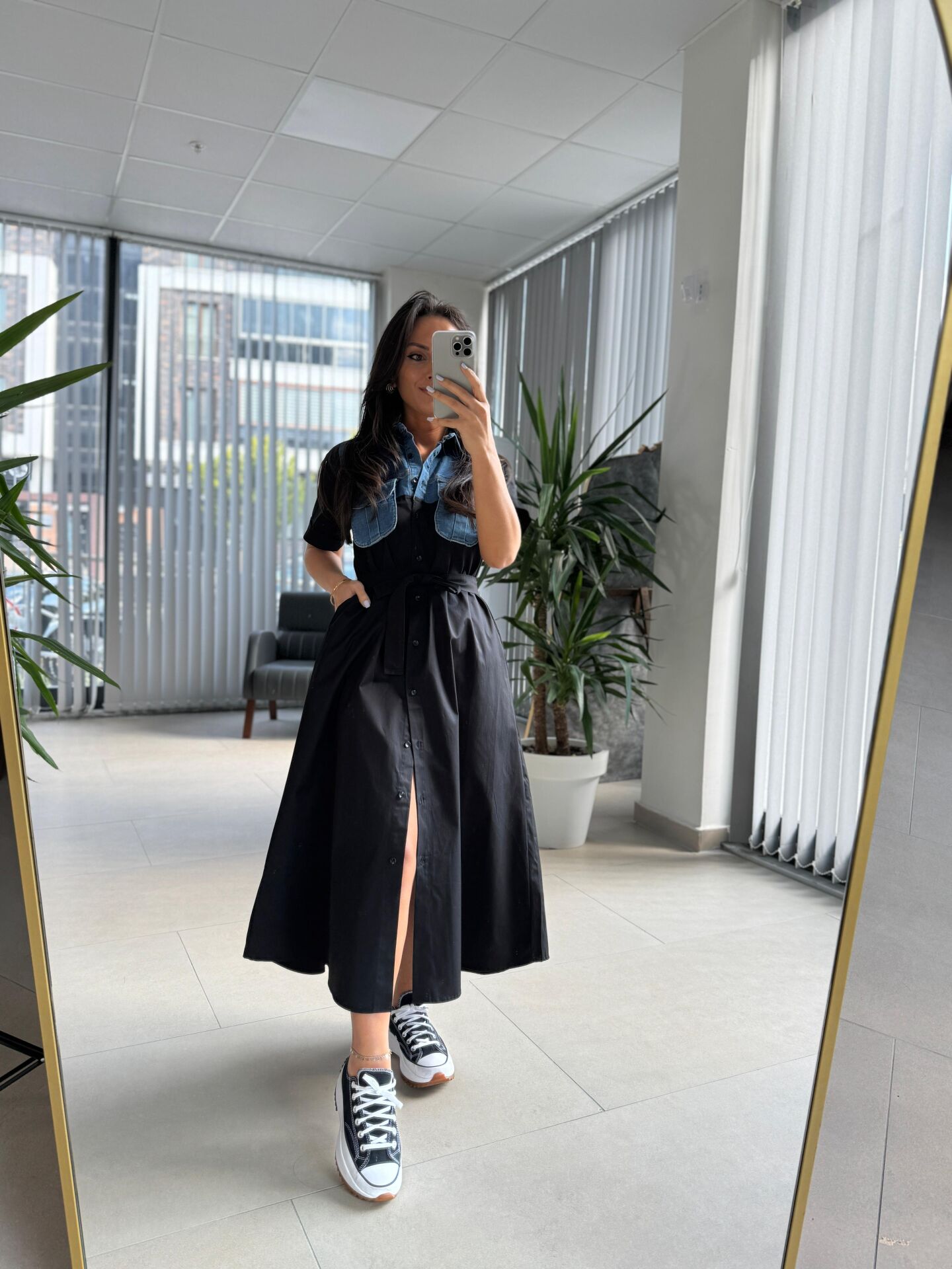 Dr 8268 Denim Cep Detaylı Siyah Poplin Gömlek Elbise