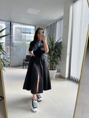 Dr 8268 Denim Cep Detaylı Siyah Poplin Gömlek Elbise