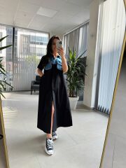 Dr 8268 Denim Cep Detaylı Siyah Poplin Gömlek Elbise