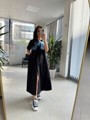 Dr 8268 Denim Cep Detaylı Siyah Poplin Gömlek Elbise