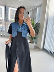 Dr 8268 Denim Cep Detaylı Siyah Poplin Gömlek Elbise