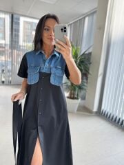 Dr 8268 Denim Cep Detaylı Siyah Poplin Gömlek Elbise