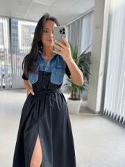 Dr 8268 Denim Cep Detaylı Siyah Poplin Gömlek Elbise