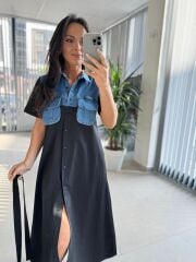Dr 8268 Denim Cep Detaylı Siyah Poplin Gömlek Elbise