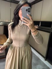 Dr 8216 Tasarım Dik Yaka Maxsiboy Bej Elbise