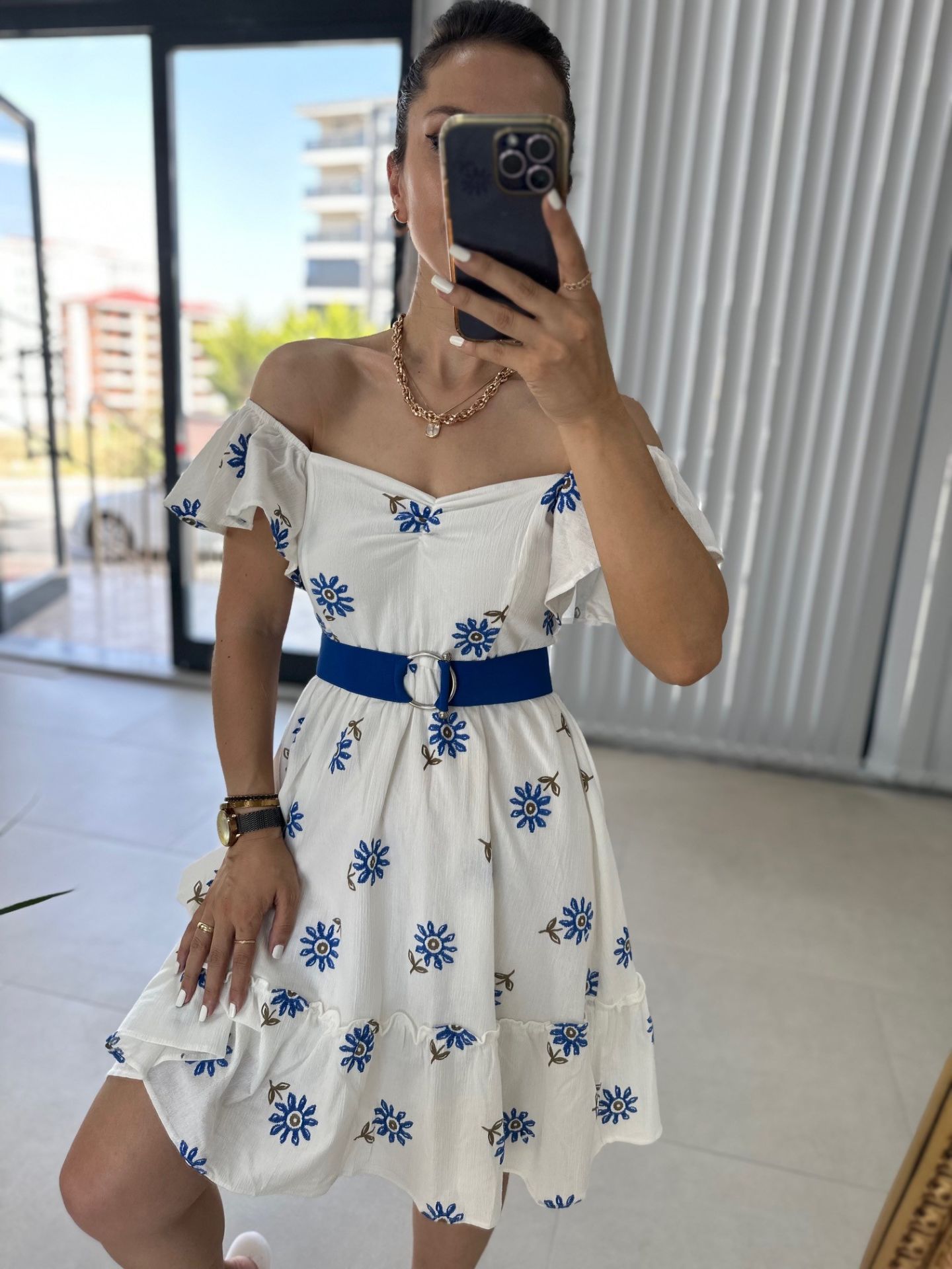 My 3163 Saks Nakışlı Krinkıl Elbise