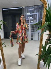 Ays Kırmızı Düğmeli Şifon Elbise