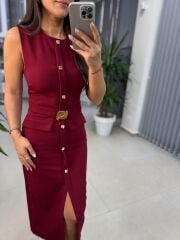 My 3720 Marka Model Bordo Gold Düğmeli Kalem Elbise
