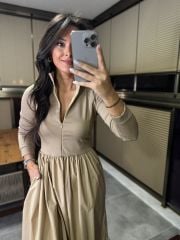 Dr 8216 Design Stand Collar Maxiboy Beige Dress