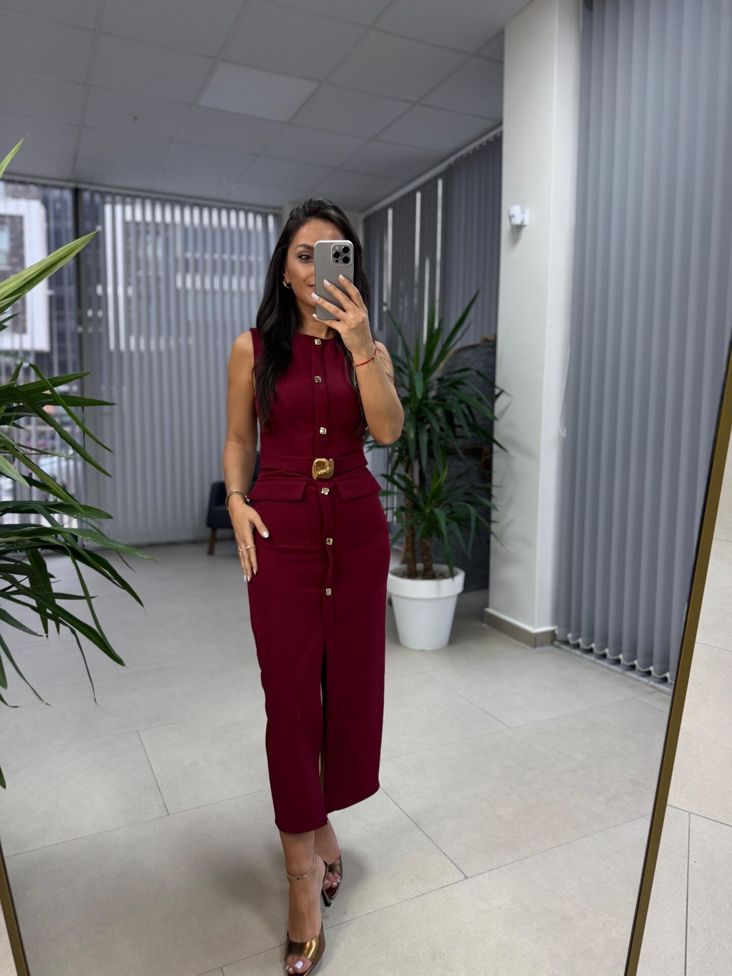 My 3720 Marka Model Bordo Gold Düğmeli Kalem Elbise