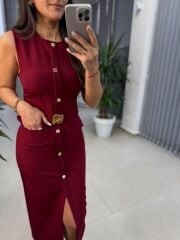 My 3720 Marka Model Bordo Gold Düğmeli Kalem Elbise