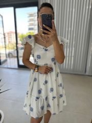 My 3163 Saks Nakışlı Krinkıl Elbise