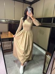 Dr 8216 Tasarım Dik Yaka Maxsiboy Bej Elbise