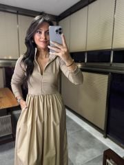 Dr 8216 Design Stand Collar Maxiboy Beige Dress