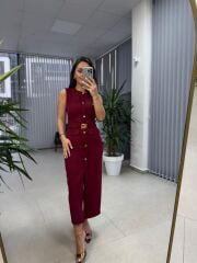 My 3720 Marka Model Bordo Gold Düğmeli Kalem Elbise