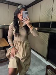 Dr 8216 Design Stand Collar Maxiboy Beige Dress