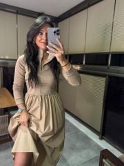 Dr 8216 Design Stand Collar Maxiboy Beige Dress