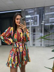 Ays Kırmızı Düğmeli Şifon Elbise