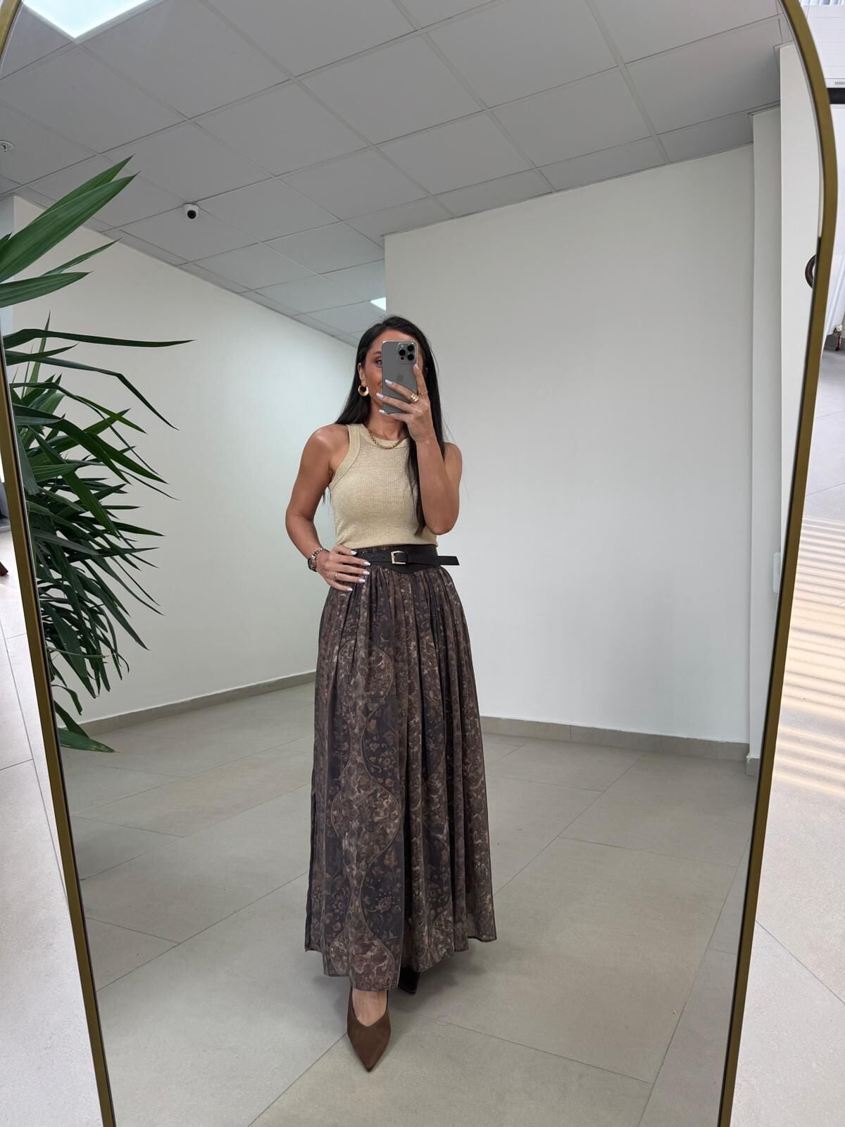 Fp 3374 Baskı Detaylı Kahve Maksi Etek