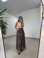 Fp 3374 Baskı Detaylı Kahve Maksi Etek