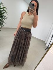 Fp 3374 Baskı Detaylı Kahve Maksi Etek