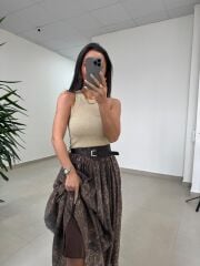 Fp 3374 Baskı Detaylı Kahve Maksi Etek