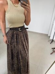 Fp 3374 Baskı Detaylı Kahve Maksi Etek