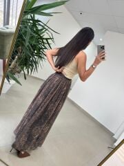 Fp 3374 Baskı Detaylı Kahve Maksi Etek