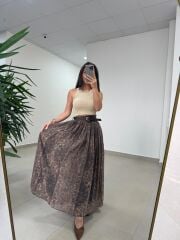 Fp 3374 Baskı Detaylı Kahve Maksi Etek