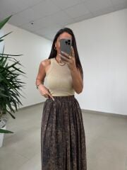 Fp 3374 Baskı Detaylı Kahve Maksi Etek