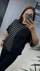 Dr 2574  Siyah Çizgili Denim Detaylı Sweat