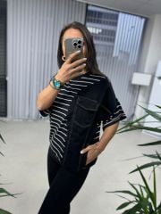 Dr 2574  Siyah Çizgili Denim Detaylı Sweat