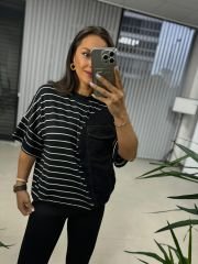 Dr 2574  Siyah Çizgili Denim Detaylı Sweat