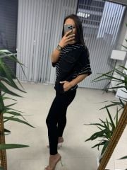 Dr 2574  Siyah Çizgili Denim Detaylı Sweat