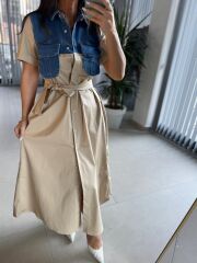 Dr 8268 Denim Cep Detaylı Bej Poplin Gömlek Elbise