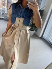 Dr 8268 Denim Cep Detaylı Bej Poplin Gömlek Elbise