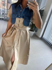 Dr 8268 Denim Cep Detaylı Bej Poplin Gömlek Elbise
