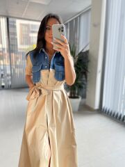 Dr 8268 Denim Cep Detaylı Bej Poplin Gömlek Elbise