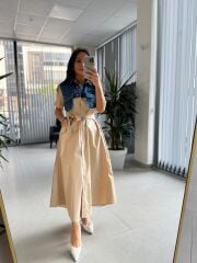Dr 8268 Denim Cep Detaylı Bej Poplin Gömlek Elbise